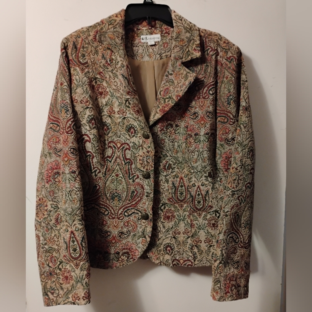 Go Fish Clothing Tan Earth Tone Floral Tapestry Blazer Size XL
